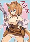  1girl alternate_costume animal_ears belt blue_eyes blush breasts cleavage closed_mouth collarbone commentary_request gun highres horse_ears horse_tail looking_at_viewer medium_breasts medium_hair revolver simple_background smile taiki_shuttle_(umamusume) tail thighhighs umamusume wahiko_(black_bastard) weapon 