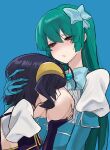  2girls areola_slip black_hair blue_hair breast_sucking breasts demon_horns green_hair hair_ornament hand_on_another&#039;s_head highres hiiragi_utena horns long_hair magia_azul magia_baiser mahou_shoujo_ni_akogarete medium_breasts minakami_sayo multiple_girls red_eyes short_hair ulette yuri 