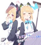  2girls animal_ear_headphones animal_ears apron black_dress blonde_hair blue_archive blue_bow blue_bowtie blush bow bowtie broom bucket bug butterfly cat_ear_headphones cat_tail closed_eyes commission dress fake_animal_ears frilled_dress frills halo hand_up headphones highres intertwined_tails knees_up long_sleeves maid_apron maid_headdress mh700257 midori_(blue_archive) midori_(maid)_(blue_archive) momoi_(blue_archive) momoi_(maid)_(blue_archive) multiple_girls official_alternate_costume one_eye_closed open_mouth pantyhose pink_eyes pink_halo rag short_hair siblings sisters skeb_commission sleeping sleeping_upright supershiruco tail tearing_up translation_request twins white_apron white_background white_pantyhose yawning 