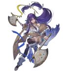  1girl akka altina_(fire_emblem) altina_(unrivaled_dawn)_(fire_emblem) attack axe bare_shoulders breasts clothing_cutout dual_wielding earrings fire_emblem fire_emblem:_radiant_dawn fire_emblem_heroes full_body hair_tie highres holding holding_axe jewelry large_breasts long_hair non-web_source official_alternate_costume official_art pelvic_curtain purple_eyes purple_hair smile solo very_long_hair 