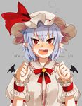  bad_id bad_pixiv_id bat_wings blue_hair blush bonnet bow fangs grey_background hat migihidari_(puwako) open_mouth pointy_ears red_eyes remilia_scarlet slit_pupils solo tears touhou translated wings 