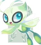  :d artist_name blue_eyes border celebi colored_skin commentary fairy_wings floral_background green_background green_skin highres iwasi_29 no_humans open_mouth outside_border pokemon pokemon_(creature) smile sparkle symbol-only_commentary twitter_username white_border wings 