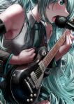  1girl absurdres armpits bare_shoulders black_sleeves blue_eyes blue_hair blue_necktie blush collared_shirt commentary_request cowboy_shot detached_sleeves electric_guitar english_commentary from_side gibson_les_paul grey_shirt guitar hatsune_miku highres holding holding_guitar holding_instrument holding_plectrum instrument long_hair looking_ahead microa microphone_stand miniskirt mixed-language_commentary music necktie open_mouth playing_instrument pleated_skirt plectrum profile shirt shoulder_strap shoulder_tattoo singing skirt sleeveless sleeveless_shirt solo sweat tattoo very_long_hair very_sweaty vocaloid 