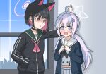  2girls :d @_@ ahoge animal_ears arm_support black_choker black_coat black_hair black_jacket blue_archive blue_sky blunt_bangs blurry blush bob_cut bruce8763 building cat_ears cat_girl choker coat colored_inner_hair commentary depth_of_field embarrassed extra_ears grey_serafuku grey_skirt hair_between_eyes hair_bobbles hair_ornament hairclip halo highres hood hooded_jacket indoors jacket kabedon kazusa_(blue_archive) long_hair long_sleeves looking_at_another low_twintails multicolored_hair multiple_girls open_clothes open_coat pleated_skirt reisa_(blue_archive) school_uniform serafuku short_hair skirt sky skyline skyscraper smile star_(symbol) star_hair_ornament sweatdrop symbol-only_commentary twintails two-tone_hair v-shaped_eyebrows window 
