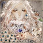  bad_id bad_pixiv_id bottle earrings grey_eyes highres horse jewelry long_hair necklace original peacock_feathers solo white_hair yogisya 