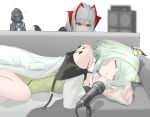  1other 2girls arknights beckoning black_gloves black_jacket blurry blurry_background brown_eyes closed_eyes couch depth_of_field doctor_(arknights) dress facing_viewer fingerless_gloves gloves green_dress grey_hair highres hood hood_up hooded_jacket jacket kal&#039;tsit_(arknights) lying mebe_(teadia_violet) microphone microphone_stand multiple_girls off-shoulder_jacket off_shoulder on_couch on_side parted_lips shirt simple_background speaker w_(arknights) white_background white_jacket white_shirt 