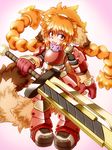  blush brown_eyes canine class_of_heroes clothing cute dwarf dwarf_(coh) female hair hairband invalid_tag kotesu_ya_eternity looking_at_viewer mammal orange_hair pigtails safe simple_background solo sword video_games warrior weapon young 
