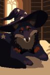 8bit_familiar bed canid canine clothing digital_media_(artwork) facing_forward familiar feral fox fur furniture hat headgear headwear inside looking_at_viewer lying male mammal on_front paws pixel_(artwork) portrait purple_body purple_fur solo tail wizard_hat