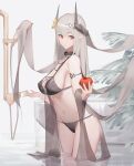  1girl absurdres apple arknights bathing bikini black_bikini black_collar black_horns breasts collar commentary cowboy_shot food fruit grey_background grey_hair highres holding holding_food holding_fruit horns long_hair looking_at_viewer medium_breasts mudrock_(arknights) navel palm_leaf parted_lips partially_submerged pointy_ears red_eyes shower_head sideboob sin9 solo standing swimsuit symbol-only_commentary thighs water 