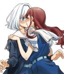  2girls asaka_kaori belt black_cardigan blue_belt blue_dress blue_eyes blush brown_hair cardigan closed_eyes collarbone cowboy_shot dress floating_hair hair_intakes hand_on_another&#039;s_shoulder hasukeii highres hoshikawa_shizuku imminent_kiss kimi_to_tsuzuru_utakata long_hair long_sleeves looking_at_another mole mole_under_eye multiple_girls open_cardigan open_clothes parted_lips pinafore_dress red_ribbon ribbon sailor_collar sailor_dress school_uniform short_hair short_sleeves sidelocks simple_background sleeveless sleeveless_dress variant_set white_background white_hair white_sailor_collar yuri 