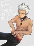  archer bad_id bad_tumblr_id collar dark_skin dark_skinned_male fate/extra fate/extra_ccc fate_(series) grey_eyes groin leather leather_pants male_focus mrkeisuke pants shirtless solo white_hair 