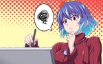  aqua_hair gradient_hair h-new highres mirror multicolored_hair purple_hair red_eyes ribbed_sweater short_hair solo spoken_squiggle squiggle stylus sweater tablet touhou upper_body yasaka_kanako 