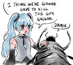  1girl 1other arm_tattoo ayilings beetle black_sleeves blue_eyes blue_hair blue_necktie bug collared_shirt commentary detached_sleeves english_commentary english_text gregor_samsa grey_shirt hatsune_miku highres i_think_we&#039;re_gonna_have_to_kill_this_guy_steven_(meme) long_hair meme necktie open_mouth shirt simple_background sleeveless sleeveless_shirt smile speech_bubble tattoo the_metamorphosis twintails twitter_username vocaloid white_background 