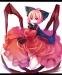  blonde_hair bow breasts buttons dress frills hair_bow kurodani_yamame letterboxed long_sleeves medium_breasts open_mouth red_eyes short_hair solo touhou uiroutsuji_yumihiko white_background 