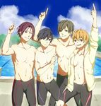  bad_id bad_pixiv_id blue_eyes brown_eyes brown_hair free! grin hazuki_nagisa highres hood hoodie jammers kyoto_animation_cm legskin male_focus matsuoka_rin multiple_boys nanase_haruka_(free!) one_eye_closed orange_hair pointing purple_hair shirtless smile swimsuit tachibana_makoto touji 