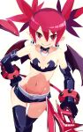  1girl absurdres belt black_choker black_gloves black_thighhighs choker demon_girl demon_tail disgaea earrings elbow_gloves etna_(disgaea) fang flat_chest gloves hantic888 highres jewelry licking_lips looking_at_viewer pointy_ears red_eyes red_hair red_tail red_wings simple_background skull_earrings solo tail thighhighs tongue tongue_out twintails white_background white_belt wings 