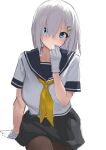  1girl absurdres black_pantyhose blue_eyes eating food gen_(black_factory) gloves grey_hair grey_sailor_collar grey_skirt hair_ornament hair_over_one_eye hairclip hamakaze_(kancolle) highres invisible_chair kantai_collection mochi neckerchief pantyhose sailor_collar sailor_shirt school_uniform serafuku shirt short_hair simple_background sitting skirt solo white_background white_gloves white_shirt yellow_neckerchief 