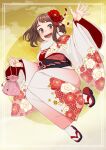  1girl absurdres boku_no_hero_academia brown_eyes brown_hair commentary_request floral_print flower fur-trimmed_kimono fur_trim furisode hair_flower hair_ornament hand_up highres japanese_clothes jumping kimono kobaji making-of_available midair new_year obi obijime open_mouth pink_kimono pouch print_kimono sash socks solo uraraka_ochako waving white_socks zouri 