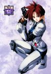  1990s_(style) 1girl armor beads bodysuit fingerless_gloves full_body gloves gun hair_beads hair_ornament handgun highres holding iria_(zeiram) iria_zeiram_the_animation katsura_masakazu knee_pads looking_at_viewer mole mole_under_eye non-web_source official_art retro_artstyle scan short_hair solo squatting trigger_discipline weapon 