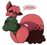 2024 anthro big_breasts bottomless breasts clothed clothing dialogue dipstick_tail female fur generation_8_pokemon hi_res hoodie i_am_kat95 leaning leaning_forward looking_at_viewer markings nickit nintendo open_mouth pokemon pokemon_(species) red_body red_fur simple_background solo tail tail_markings thick_thighs topwear white_background yellow_eyes
