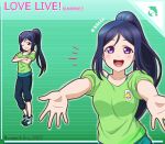  1girl :d black_pants blue_hair blush character_name collarbone copyright_name crossed_arms dolphin_print green_background green_shirt grin high_ponytail long_hair looking_at_viewer love_live! love_live!_sunshine!! matsuura_kanan off-shoulder_shirt off_shoulder one_eye_closed pants parted_bangs print_shirt purple_eyes shirt smile striped_background twitter_username very_long_hair yumechiku 