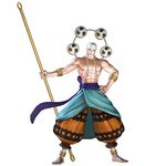  1boy 3d absurdres anklet bangle barefoot bracelet earrings enel full_body hand_on_hip highres jewelry male male_focus mitsudomoe_(shape) official_art one_piece one_piece:_pirate_warriors sash simple_background solo staff standing tomoe_(symbol) topless weapon white_background 