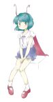  1girl :d antennae blue_eyes blue_hair blue_shorts cape collarbone collared_shirt highres mary_janes nonamejd official_style puffy_shorts red_cape red_footwear shirt shoes short_hair short_sleeves shorts simple_background sitting smile socks solo touhou v_arms white_background white_shirt white_socks wriggle_nightbug zun_(style) 