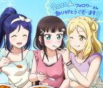  2019 3girls :d ;q ^_^ aqua_eyes bare_arms blonde_hair blue_background blue_hair blue_shirt blush bow braid brown_hair closed_eyes collarbone crown_braid curry dated food hair_bow hairband high_ponytail highres holding holding_spoon kurosawa_dia long_hair love_live! love_live!_sunshine!! matsuura_kanan multiple_girls ohara_mari one_eye_closed pink_shirt polka_dot polka_dot_background polka_dot_scrunchie purple_shirt scrunchie shirt short_sleeves smile spoon tongue tongue_out twitter_username two-tone_shirt upper_body white_bow white_hairband white_shirt wrist_scrunchie yellow_eyes yumechiku 