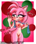 2023 absurd_res amy_rose anthro blush body_blush breasts electronics english_text eulipotyphlan exposed_breasts female genitals green_eyes hedgehog hi_res holding_object holding_phone mammal medium_breasts misterkarnsfw navel nipples nude phone pussy pussy_blush sega signature solo sonic_the_hedgehog_(series) text towel