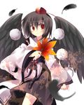  absurdres alternate_costume black_hair blush fan feathers hat highres japanese_clothes kamioto_musu kimono leaf looking_away obi red_eyes sash shameimaru_aya smile solo tokin_hat touhou wings 