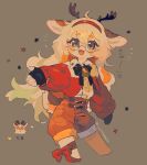  animal_ears antlers bell black_bow black_gloves blonde_hair blue_eyes bow brown_background deer_antlers deer_ears deer_girl fingerless_gloves furry furry_female glasses gloves hairband jacket long_hair open_mouth orange_shorts red_hairband red_jacket shorts smile 
