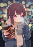  1girl absurdres altair_altea bag black_coat blue_hair blunt_bangs blunt_ends blurry bokeh brown_hair can coat commentary depth_of_field drink_can enpera highres hozuki_momiji long_sleeves looking_at_viewer mitten_removed mittens multicolored_hair onii-chan_wa_oshimai! reaching reaching_towards_viewer red_eyes scarf smile solo two-tone_hair upper_body winter winter_clothes winter_coat 