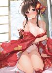  1girl blush breasts brown_eyes brown_hair choko_(cup) cleavage cup floral_print hair_ornament hair_ribbon indoors japanese_clothes kimono medium_breasts minato_ojitan navel no_bra off_shoulder open_clothes open_kimono original panties red_kimono ribbon sitting smile solo tan tanlines underwear wariza white_panties 