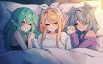  3girls absurdres blonde_hair blue_hair blue_wings blush closed_eyes elira_pendora fairy finana_ryugu fins fish_girl green_hair hair_over_one_eye head_fins head_wings highres holding_hands lazulight long_hair multicolored_hair multiple_girls nijisanji nijisanji_en off_shoulder one_eye_covered pointy_ears pomu_rainpuff seion smile virtual_youtuber wings 