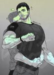  2boys bara blush chris_redfield closed_eyes couple facial_hair gge_(gebback_dark) hug hug_from_behind large_pectorals looking_at_another male_focus multiple_boys muscular muscular_male pants pectorals piers_nivans resident_evil resident_evil_6 shirt short_hair simple_background twitter_username yaoi 