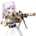  1girl absurdres aqua_eyes belt bipod black_belt capelet closed_mouth dress earrings elf english_commentary frieren gold_trim gun highres holding holding_gun holding_weapon jestami jewelry light_blush long_hair looking_at_viewer machine_gun pointy_ears sig_mg338 signature simple_background smile solo sousou_no_frieren suppressor twintails weapon white_background white_capelet white_dress 