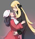 2girls :d age_difference black_hair blonde_hair blue_eyes coat commentary couple eye_contact height_difference hikari_(pokemon) lips long_hair looking_at_another magical_ondine multiple_girls open_mouth pokemon pokemon_(game) pokemon_dppt pokemon_platinum profile scarf shirona_(pokemon) signature smile white_scarf winter_clothes yuri 