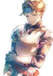  1boy armor brown_eyes brown_hair closed_mouth denim_powell gloves highres jewelry looking_at_viewer male_focus miyama_(lacrima01) short_hair signature simple_background smile solo tactics_ogre white_background 