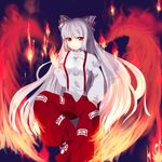  baggy_pants blue_background fiery_wings fujiwara_no_mokou hachimitsu_ame_(phoenix) hand_in_pocket highres long_hair pants red_eyes silver_hair solo touhou very_long_hair wings 