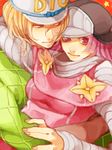  1girl akizuki_hakuto blonde_hair brown_eyes diego_brando flower gloves green_shirt hat hot_pants_(sbr) hug hug_from_behind jojo_no_kimyou_na_bouken pink_eyes pink_hair red_background red_hair shirt short_hair steel_ball_run turtleneck 