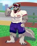 absurd_res anthro ball baseball_(ball) beard canid canine canis chest_fur claws clothed clothing coach eyewear facial_hair fur hat headgear headwear hi_res hyenaradley male mammal muscular muscular_male smile solo sunglasses sweatband teeth_showing whistle_(object) wolf