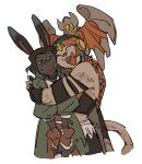  1boy 1girl animal_ears annoyed axe bakedpipira black_hair brown_hair dark_skin erenville fangs final_fantasy final_fantasy_xiv furry furry_female happy highres hrothgar hug lion_girl rabbit_ears sweatdrop turban very_dark_skin viera weapon weapon_on_back wuk_lamat 