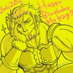  beard elbow_rest facial_hair fate/grand_order fate_(series) full_beard gunojigunoji happy_birthday highres iskandar_(fate) looking_at_viewer male_focus mature_male muscular muscular_male pectoral_cleavage pectorals red_hair short_hair smile sparkle thick_beard thick_eyebrows upper_body yellow_theme 