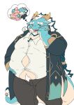 absurd_res anthro belly bernado_alte blue_body body_hair dragon facial_hair food fruit hair happy_trail hi_res horn imagining lifewonders male mature_male necktie overweight peach_(fruit) plant qinglong solo tokyo_afterschool_summoners white_hair yellow_eyes