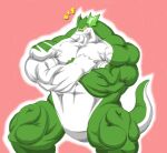 abs anthro biceps big_abs big_arms big_biceps big_deltoids big_forearms big_legs big_muscles big_obliques big_quads big_tail big_trapezius big_triceps countershading crossed_arms deltoids dragon fangs featureless_crotch forearms green_body grin huge_muscles humanoid hyper hyper_muscles latissimus_dorsi leg_muscles male manly multicolored_body muscular obliques pink_background plain_white pupils quads salad_(plainwhite) salad_looking_things_on_the_head simple_background small_pupils smile solo tail teeth thick_neck thick_tail thick_thighs trapezius triceps two_tone_body vein white_body white_countershading yellow_eyes