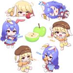  2girls apple blonde_hair blue_dress blue_hair chibi crescent_print dress drinking eating english_text food fruit green_apple highres mizunisabano mochi multiple_girls multiple_views rabbit_girl red_eyes ringo_(touhou) seiran_(touhou) shirt shorts sleeping sound_effects spoken_zzz touhou white_background yellow_shirt yellow_shorts zzz 