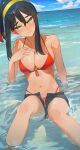  1girl absurdres alternate_hairstyle amepa_(ame_pinecandy) bare_shoulders bikini bikini_under_clothes bikini_under_shorts black_hair breasts carmine_(pokemon) cleavage close-up collarbone commentary_request crossed_bangs denim denim_shorts hair_between_eyes hair_up hairband halterneck head_tilt highres large_breasts long_hair looking_at_viewer mole mole_under_eye multicolored_hair navel no_shirt ocean outdoors partially_submerged pokemon pokemon_sv short_shorts shorts solo string_bikini swimsuit two-tone_hair water yellow_eyes yellow_hairband 