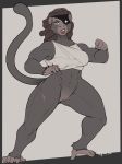  anthro athletic bottomless clothed clothing eye_patch eyewear female fighting_stance looking_at_viewer mammal monkey nightfaux primate pussy scar solo standing thick_thighs 