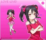  1girl :d :t black_hair blush bow character_name closed_mouth collarbone copyright_name full_body hair_between_eyes hair_bow heart heart_hands layered_skirt long_hair looking_at_viewer love_live! love_live!_school_idol_project miniskirt off-shoulder_shirt off_shoulder open_mouth pink_background pink_skirt pleated_skirt red_bow red_eyes red_shirt shirt skirt smile smiley_face solo standing striped_background thighhighs twintails twitter_username upper_body v-shaped_eyebrows white_thighhighs yazawa_nico yumechiku zettai_ryouiki 