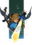  1boy absurdres black_hood blue_eyes bow_(weapon) brown_hair champion&#039;s_tunic_(zelda) clenched_teeth fingerless_gloves gloves highres link male_focus master_sword shield shield_on_back shiyuu_(shiyu) short_hair short_ponytail solo teeth the_legend_of_zelda the_legend_of_zelda:_tears_of_the_kingdom weapon 